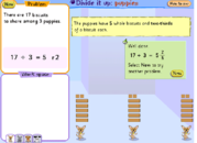 The equal division of 17 biscuits to 3 puppies, each receiving 5 2/3.