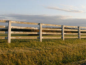 A country panorama showing a wooden fence with regularly-spaced upright posts and four regularly-spaced rails.