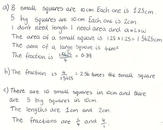 Row of eight small squares matched to row of five large squares. Student response to questions comparing the areas, explaining reasoning.